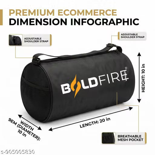 Boldfire Gym Combo Set – Waterproof Sports Bag with Shoulder Strap, Wrist Support Straps & 700ML Protein Shaker Bottle for Gym, Workout & Travel