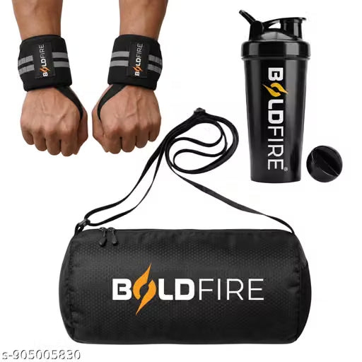 Boldfire Gym Combo Set – Waterproof Sports Bag with Shoulder Strap, Wrist Support Straps & 700ML Protein Shaker Bottle for Gym, Workout & Travel